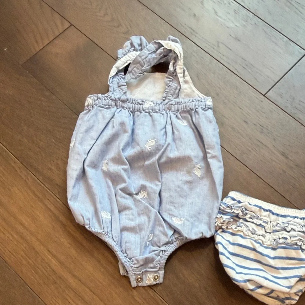 Baby Boden Blue Bunny Print Kids Romper Set Size 12-18 Months C17-015